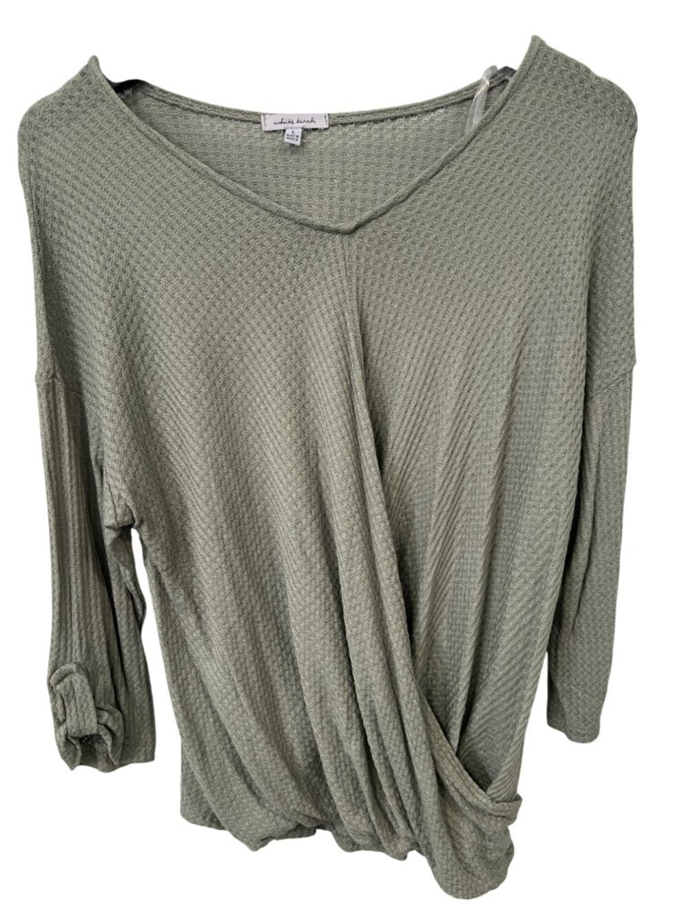 White Birch Top Large Twist Front Textured Waffle Knit Blouse Olive Green Casual